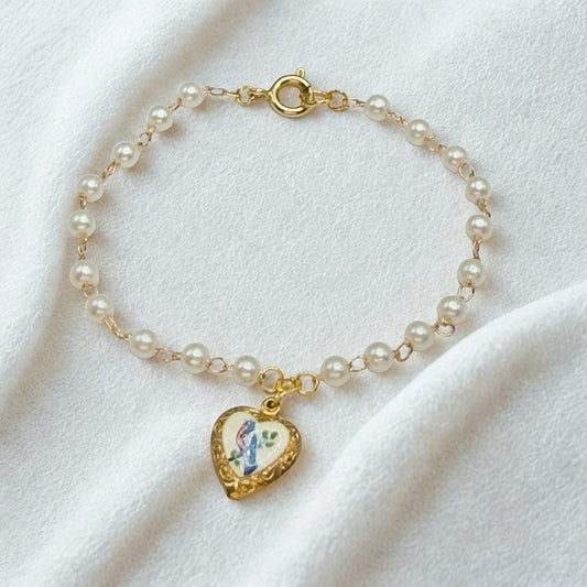 Blue Bird Design Gold Heart Charm Pearl Beaded Doll Necklace • 18 Inch Fashion Doll Jewelry