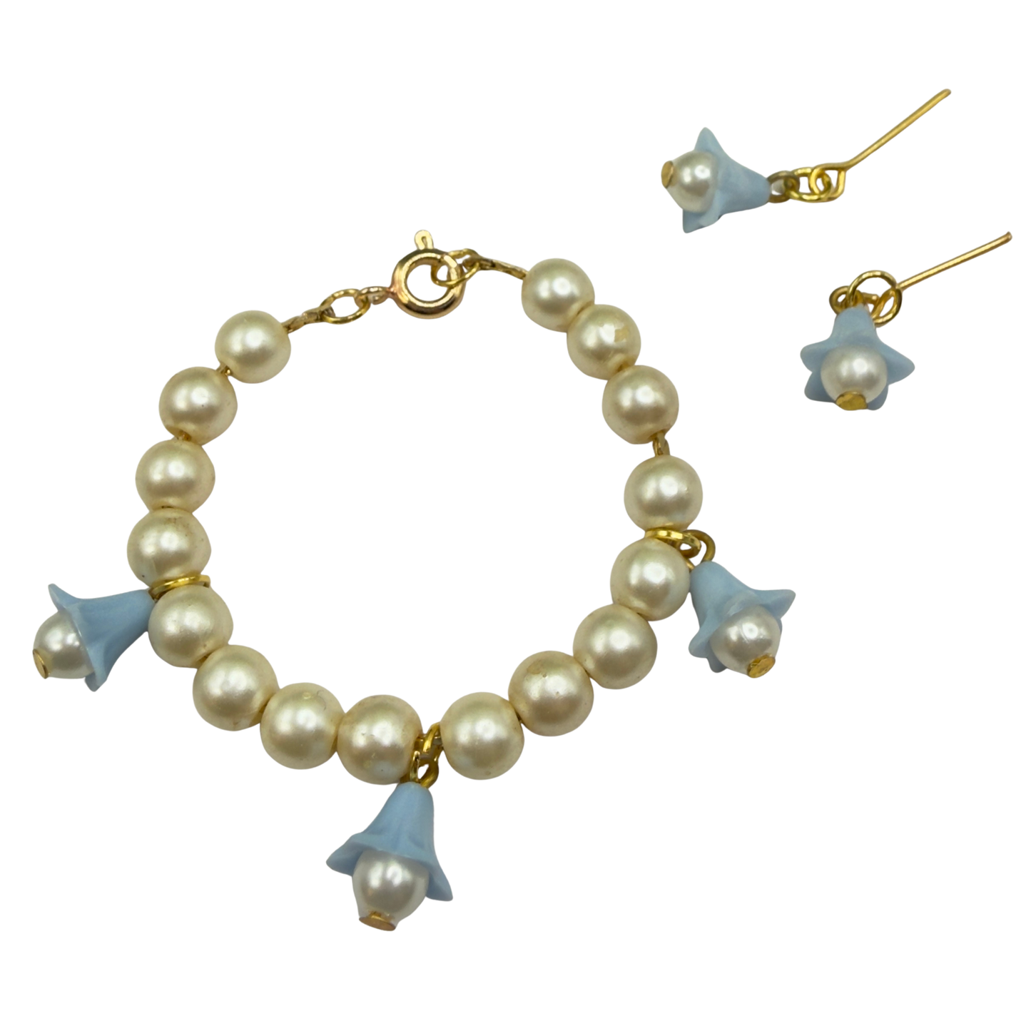 Light Blue Bell Flower Dangle Pearl Beaded Doll Necklace & Earrings • 14 Inch Fashion Doll Jewelry