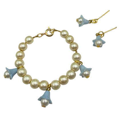 Light Blue Bell Flower Dangle Pearl Beaded Doll Necklace & Earrings • 14 Inch Fashion Doll Jewelry