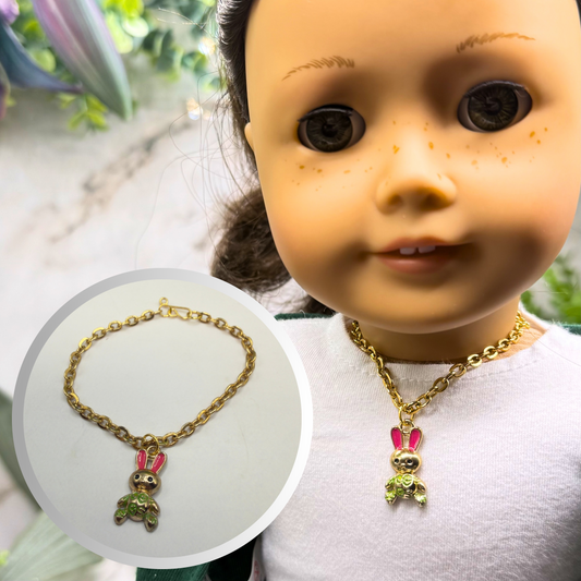 Bunny Pink & Green Enamel Detail Charm Doll Necklace Easter • 18 Inch Fashion Doll Jewelry
