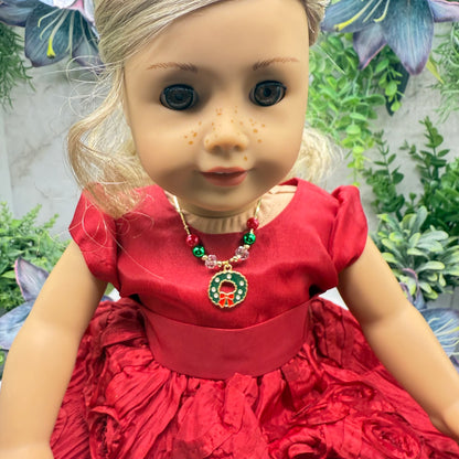 Christmas Wreath Charm Red Green Beaded Gold Doll Necklace • 18 Inch Fashion Doll Jewelry