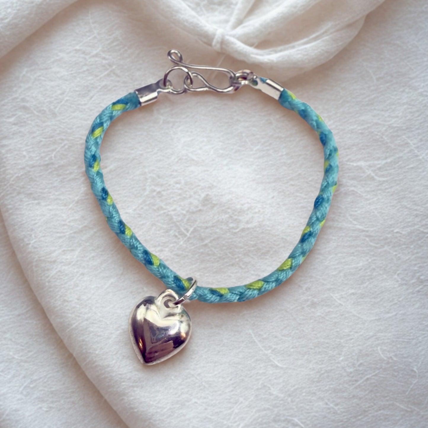 Turquoise Blue Green Braided Thread Doll Necklace w/ Silver Heart Charm • 14 Inch Fashion Doll Jewelry