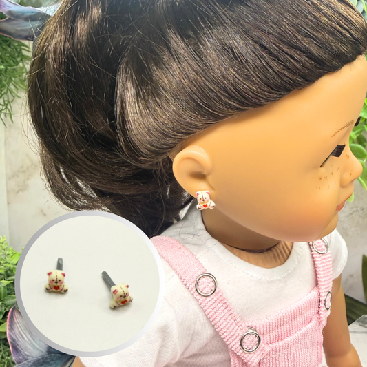 Teddy Bear w/ Red Heart & Stitch Pattern Post Doll Earrings • 2mm Post for 18 Inch Fashion Doll