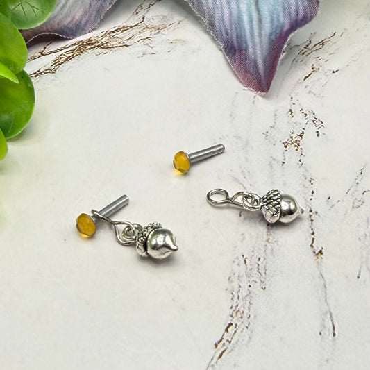 Silver Acorn Harvest Autumn Charm Yellow Rhinestone 2mm Post Doll Earrings | fits 18 Inch Dolls • American Girl