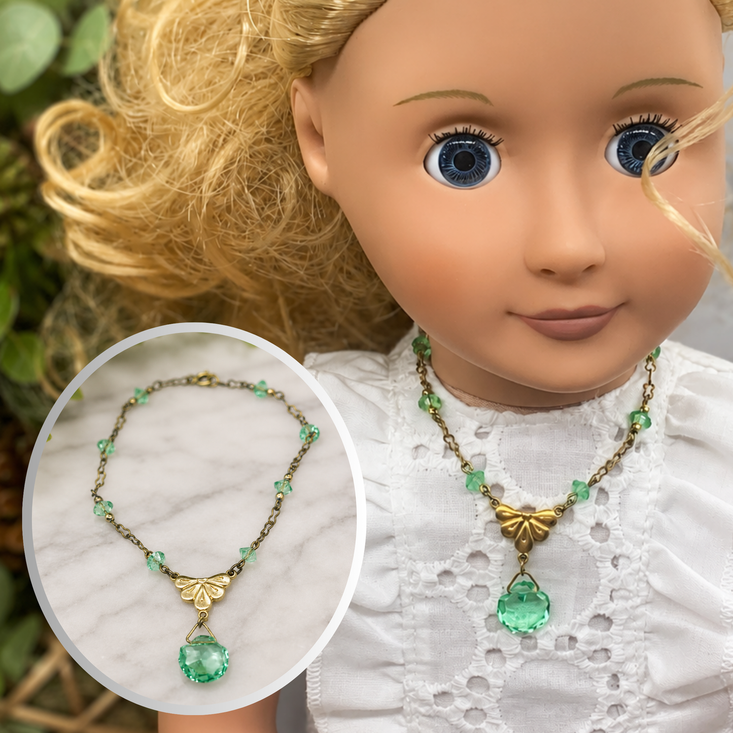 Green Glass Crystal Pendant Gold Doll Necklace • 18 Inch Fashion Doll Jewelry