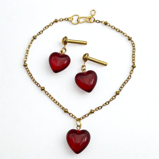 Red Burgundy Heart Pendant Gold Chain Doll Necklace & Earrings • 2mm Post for 18 Inch Fashion Doll