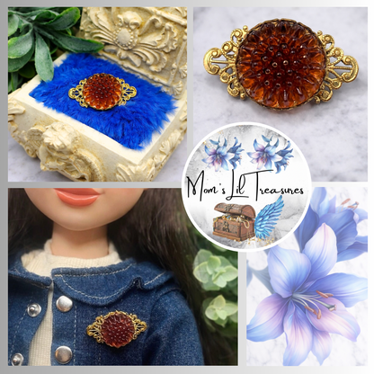 Gold Tone Filigree Brown Acrylic Button Flower Design • Doll Brooch