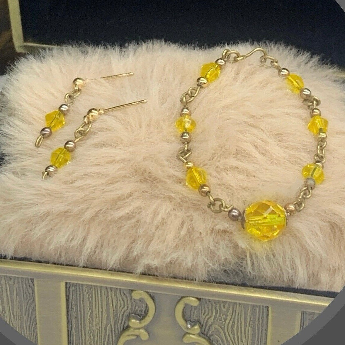 Light Yellow Glass Crystal Doll Necklace Earring Set • 16” Fashion Doll Jewelry