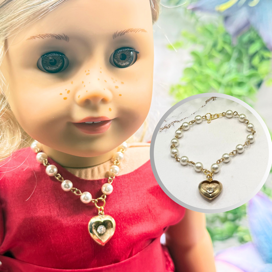 Heart Charm w/ Rhinestone Center Pearl Beaded Gold Doll Necklace • 18 Inch Fashion Doll Jewelry