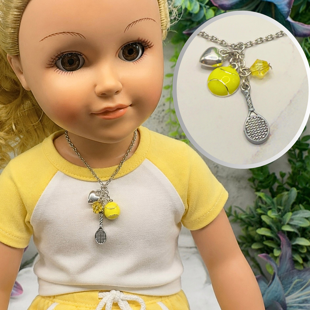 ✨Handmade Doll Jewelry Designed to Fit popular 18 Inch Fashion Dolls: add a stylish touch to your favorite doll!✨
Love Tennis Multi Charm Silver Doll Necklace
necklace shown on 18" My Life As doll 
Necklace chain measures 6.5 inches long