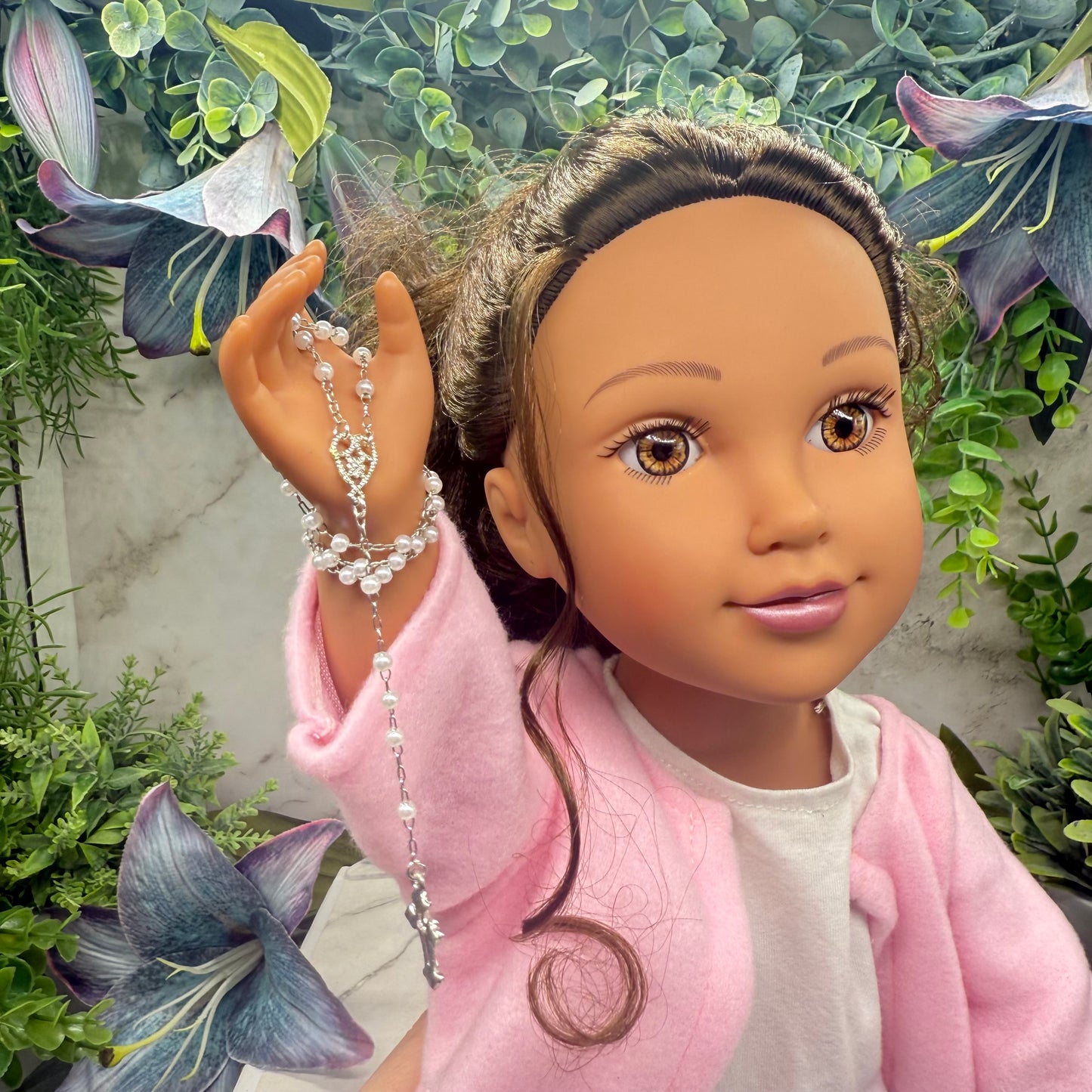 Pearl Beaded Silver Cross • Doll Size Catholic Rosary for 18-22” Fashion or Vintage Dolls