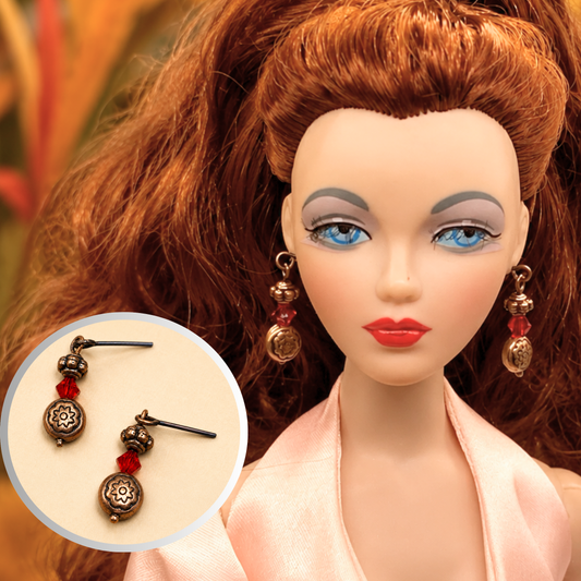 Red Glass Round Copper Dangle Doll Earrings • 16 Inch Fashion Doll Jewelry