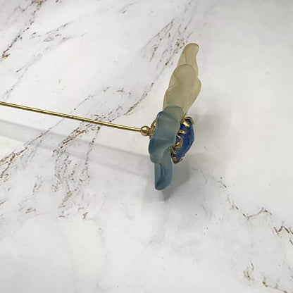 Blue & Clear Acrylic Leaf Blue Rhinestone Gold Tone Accent - 6” Pin • Hatpin