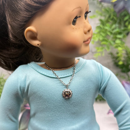 Iridescent Purple Blue Round Flower Design Charm Silver Doll Necklace • 18 Inch Fashion Doll Jewelry