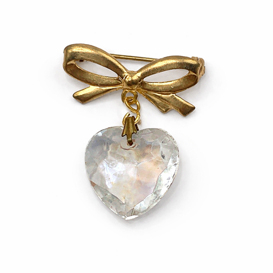 Clear Glass Heart Pendant Gold Tone Bow Pin • Doll Brooch