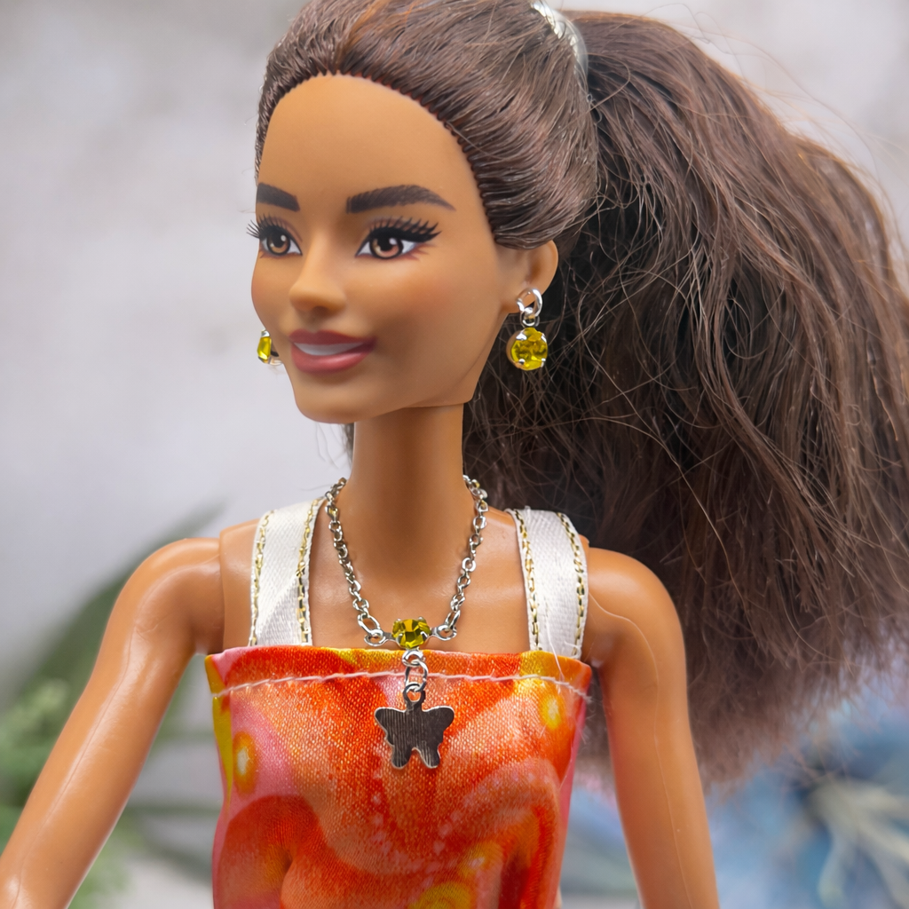 Silver Butterfly Yellow Rhinestone Charm Doll Necklace & Earrings • 10-12 Inch Fashion Doll Jewelry 1:6