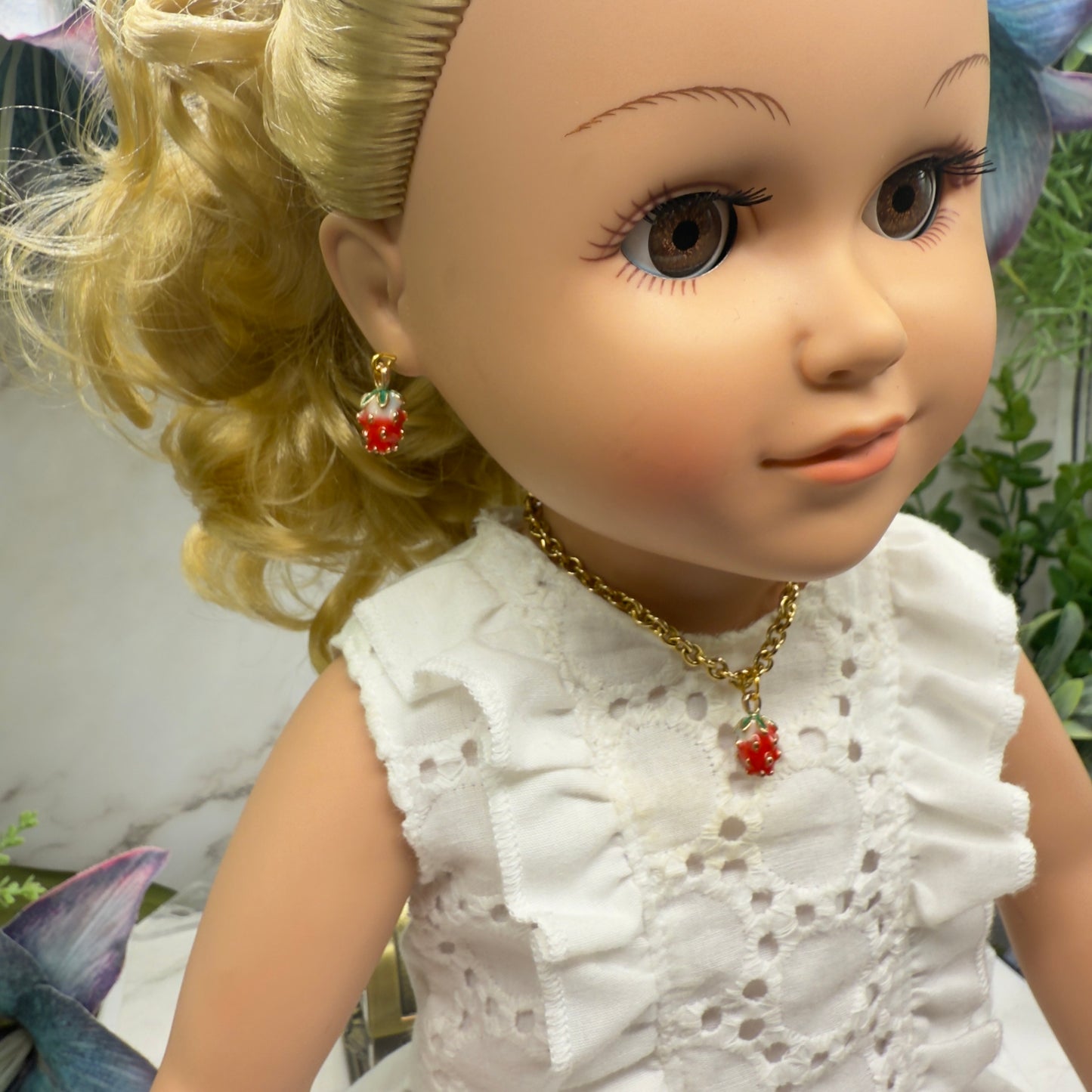 Strawberry Enamel Gold Charm Necklace & Earrings Set • 18 Inch Fashion Doll Jewelry