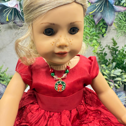 Christmas Wreath Charm Red Green Beaded Gold Doll Necklace • 18 Inch Fashion Doll Jewelry