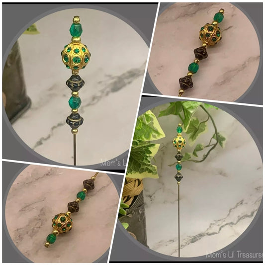 Green Glass Crystal Gold Ball Rhinestone Accents - 8” • Hatpin - Stick Pin
