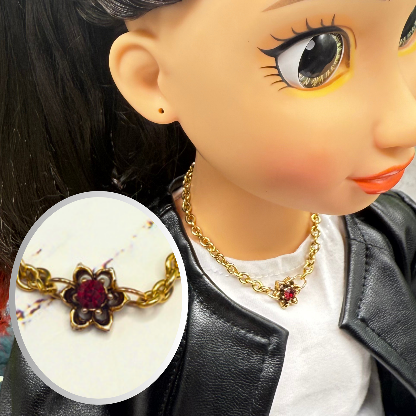 Red Rhinestone Flower Charm Gold Chain Doll Necklace • 18 Inch Doll Jewelry