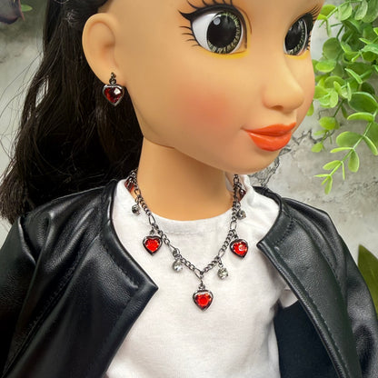 Red Rhinestone Heart Dangles Gunmetal Chain Doll Necklace & Earrings Set • 18 Inch Fashion Doll Jewelry