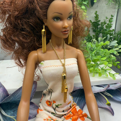 Gold Chain Tassel Wrap Doll Necklace Earring Set • 16 Inch Doll Jewelry