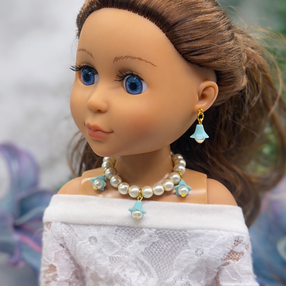 Turquoise Blue Bell Flower Dangle Pearl Beaded Doll Necklace & Earrings • 14 Inch Fashion Doll Jewelry