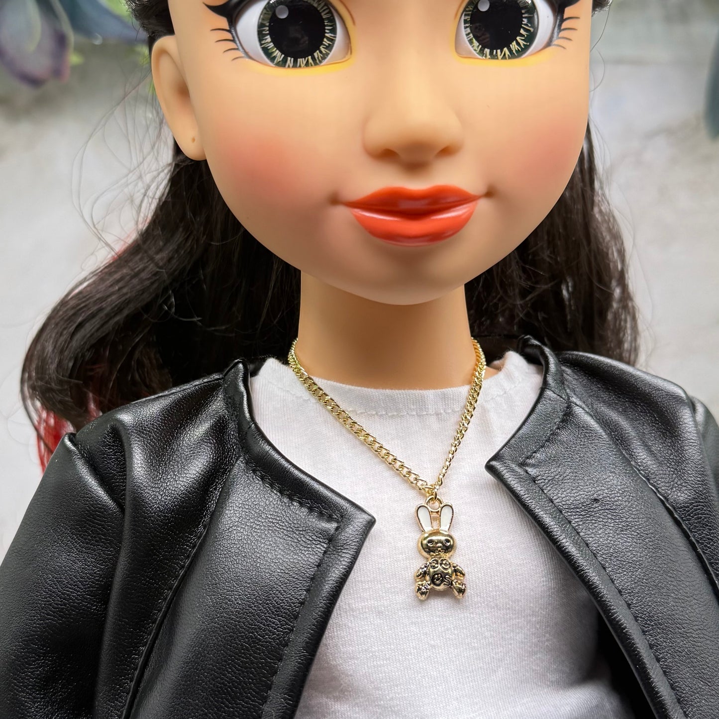 Bunny White & Black Enamel Detail Charm Doll Necklace Easter • 18 Inch Fashion Doll Jewelry