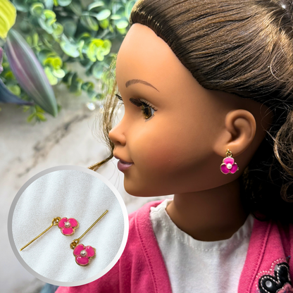 Vibrant Pink Enamel Inlay Flower Pearl Center Dangle Doll Earrings • 18 Inch Fashion Doll Jewelry