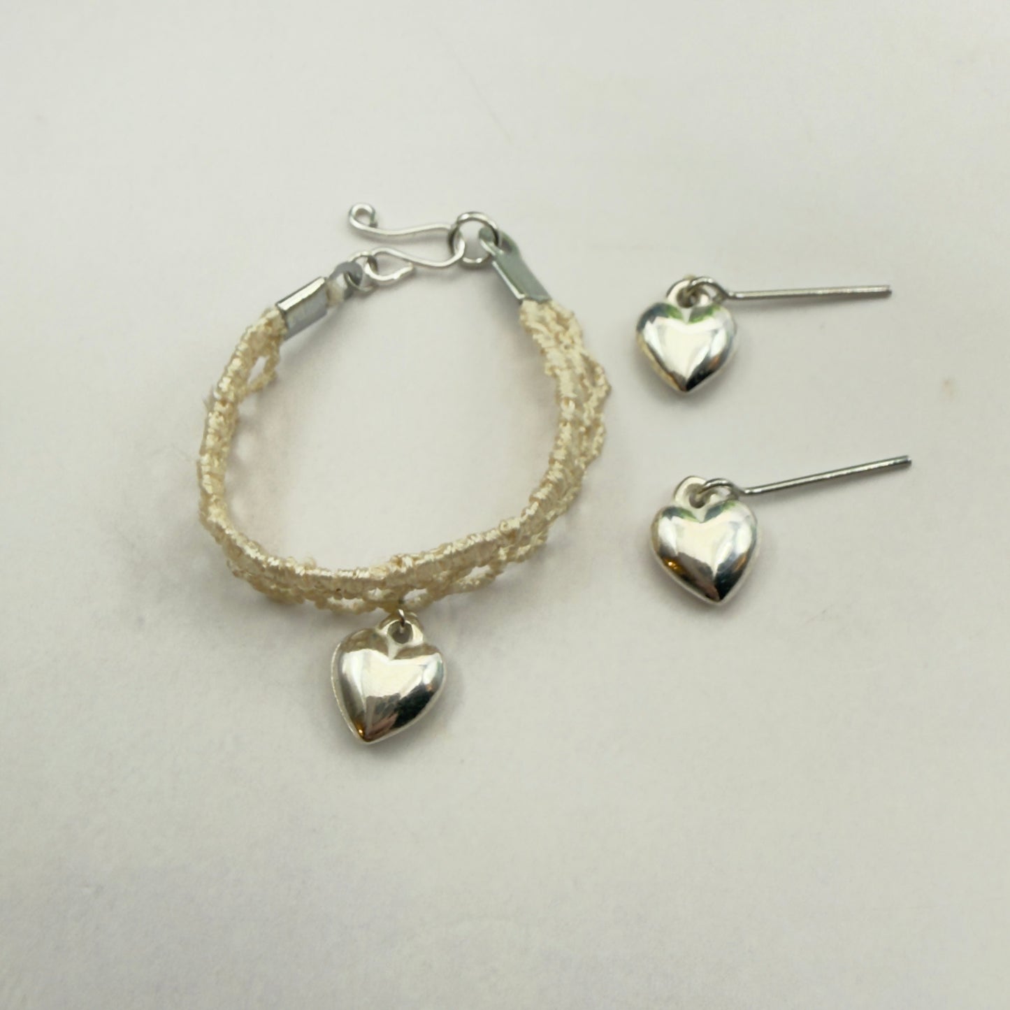 Beige Lace Choker Silver Heart Charm Doll Necklace & Earrings Set • 14 Inch Fashion Doll Jewelry