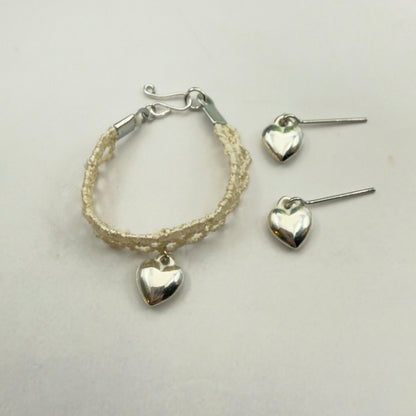 Beige Lace Choker Silver Heart Charm Doll Necklace & Earrings Set • 14 Inch Fashion Doll Jewelry