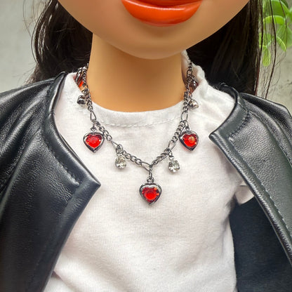 Red Rhinestone Heart Dangles Gunmetal Chain Doll Necklace & Earrings Set • 18 Inch Fashion Doll Jewelry