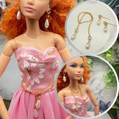 Teardrop Pearl Gold Chain Wrap Doll Necklace / Belt & Earrings
• 10-12 Inch Fashion Doll Jewelry 1:6