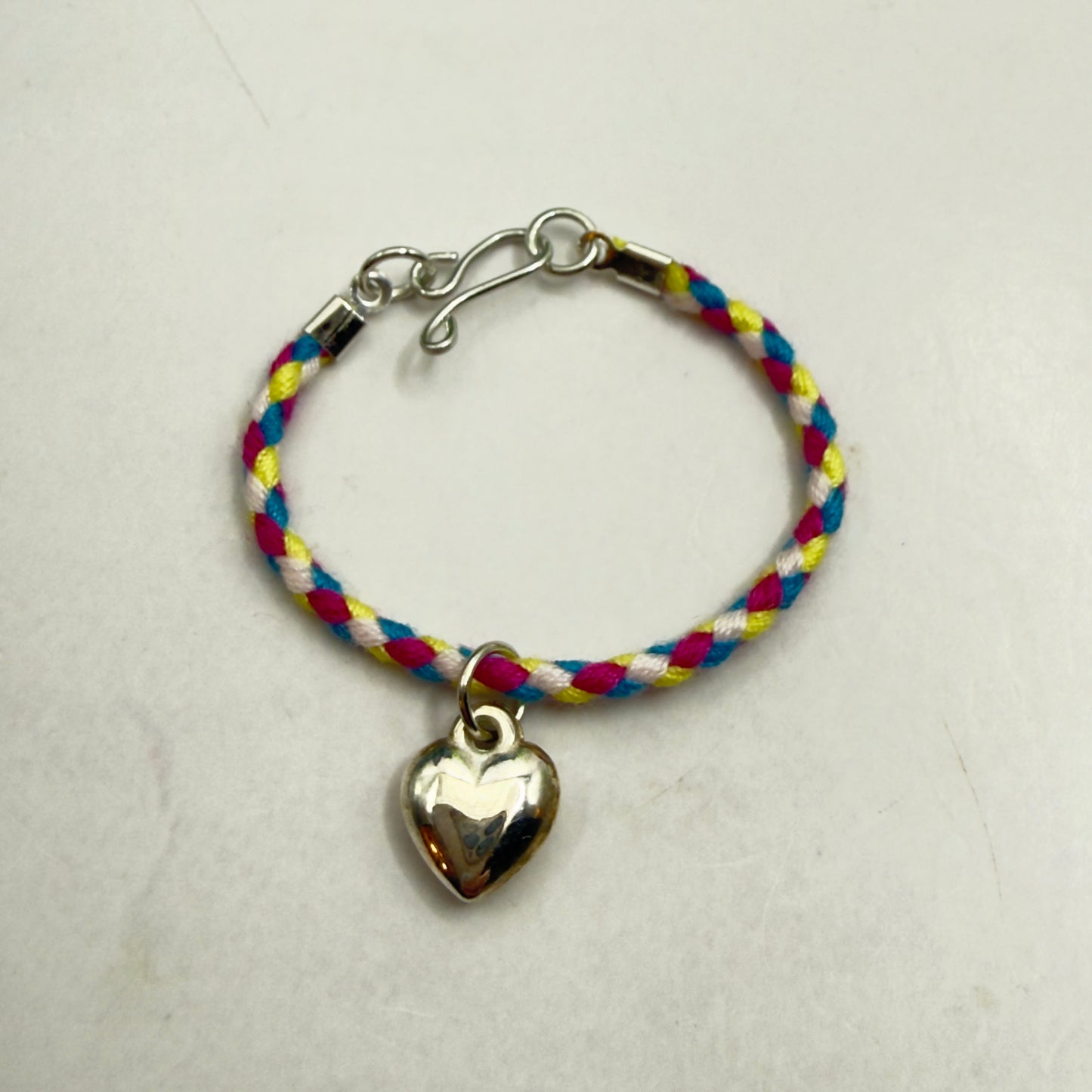 Braided Purple Blue Yellow Fabric Doll Necklace Silver Heart Charm • 14 Inch Fashion Doll Jewelry