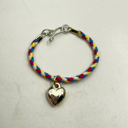 Braided Purple Blue Yellow Fabric Doll Necklace Silver Heart Charm • 14 Inch Fashion Doll Jewelry