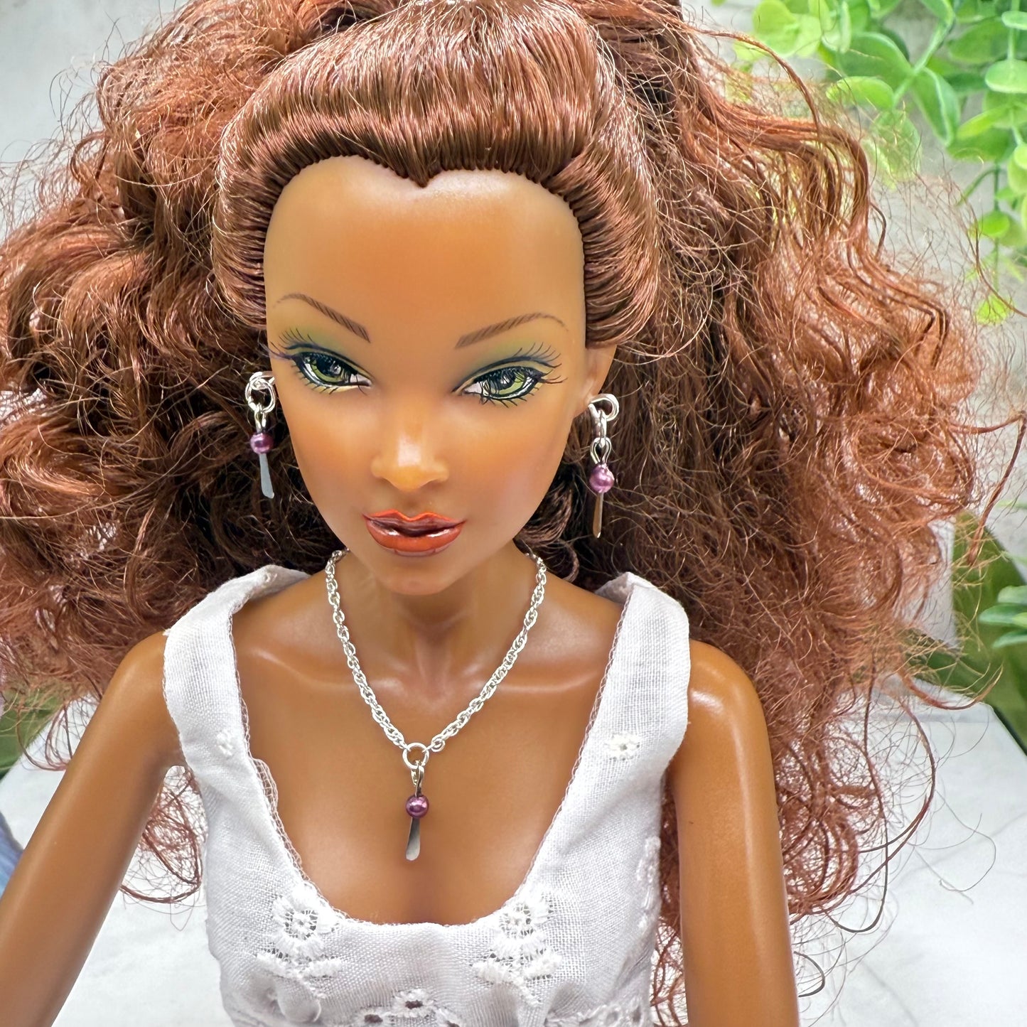 Silver Dangle Purple Pearl Doll Necklace & Earrings • 16 Inch Fashion Doll Jewelry