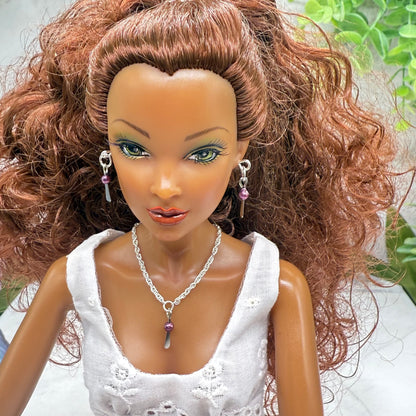Silver Dangle Purple Pearl Doll Necklace & Earrings • 16 Inch Fashion Doll Jewelry