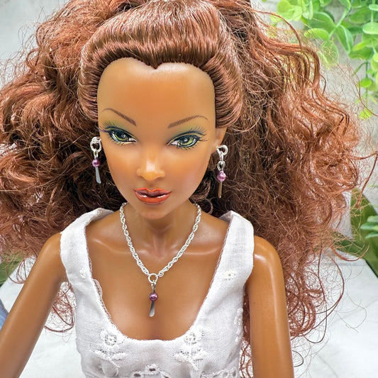 Silver Dangle Purple Pearl Doll Necklace & Earrings • 16 Inch Fashion Doll Jewelry