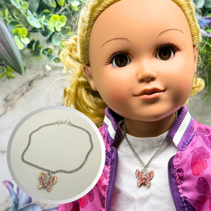 Mauve Pink Purple Orange Glitter Enamel Butterfly Silver Doll Necklace • 18 Inch Fashion Doll Jewelry