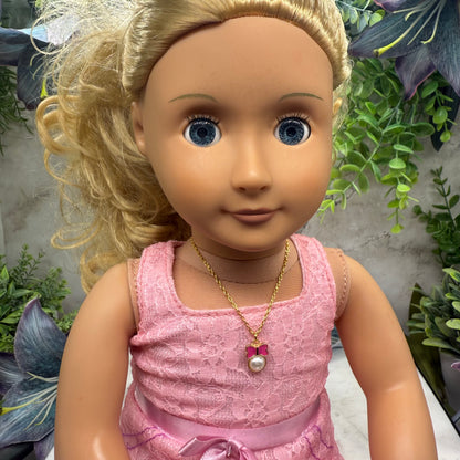 Pink Bow Pearl Charm Pendant Gold Doll Necklace • 18 Inch Fashion Doll Jewelry