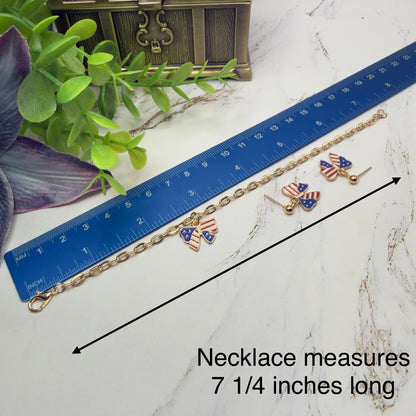 American Flag Bow Charm (Red White Blue) Doll Necklace & Earrings for 18 Inch Fashion Doll