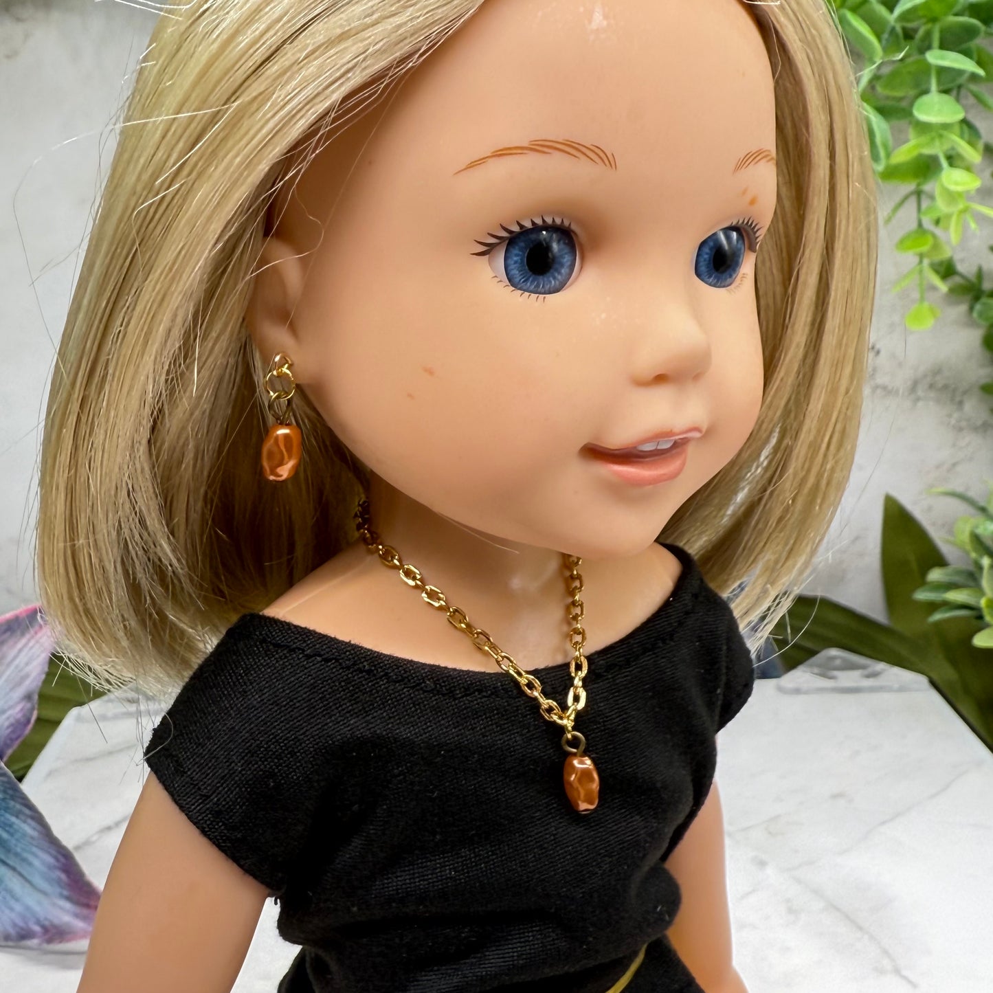 Brown Pearl Drop Gold Doll Necklace & Earrings • 14 Inch Fashion Doll Jewelry