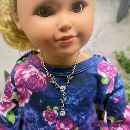 Light Blue & Silver 3D Rose Enamel & Rhinestone Accents Y-Design Doll Necklace • 18 Inch Fashion Doll Jewelry