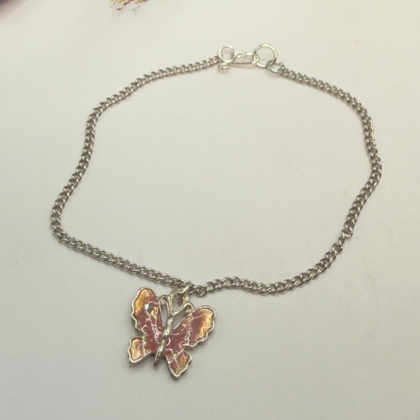 Mauve Pink Purple Orange Glitter Enamel Butterfly Silver Doll Necklace • 18 Inch Fashion Doll Jewelry