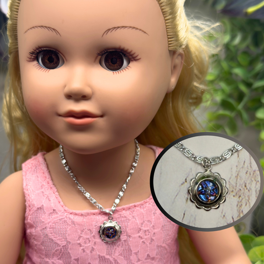 Blue Purple Flower Silver Filigree Pendant Doll Necklace • 18 Inch Fashion Doll Jewelry