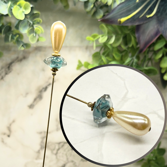 Teardrop Pearl Translucent Blue Green Gold Accent •  8” Pin Hatpin - Stick Pin
