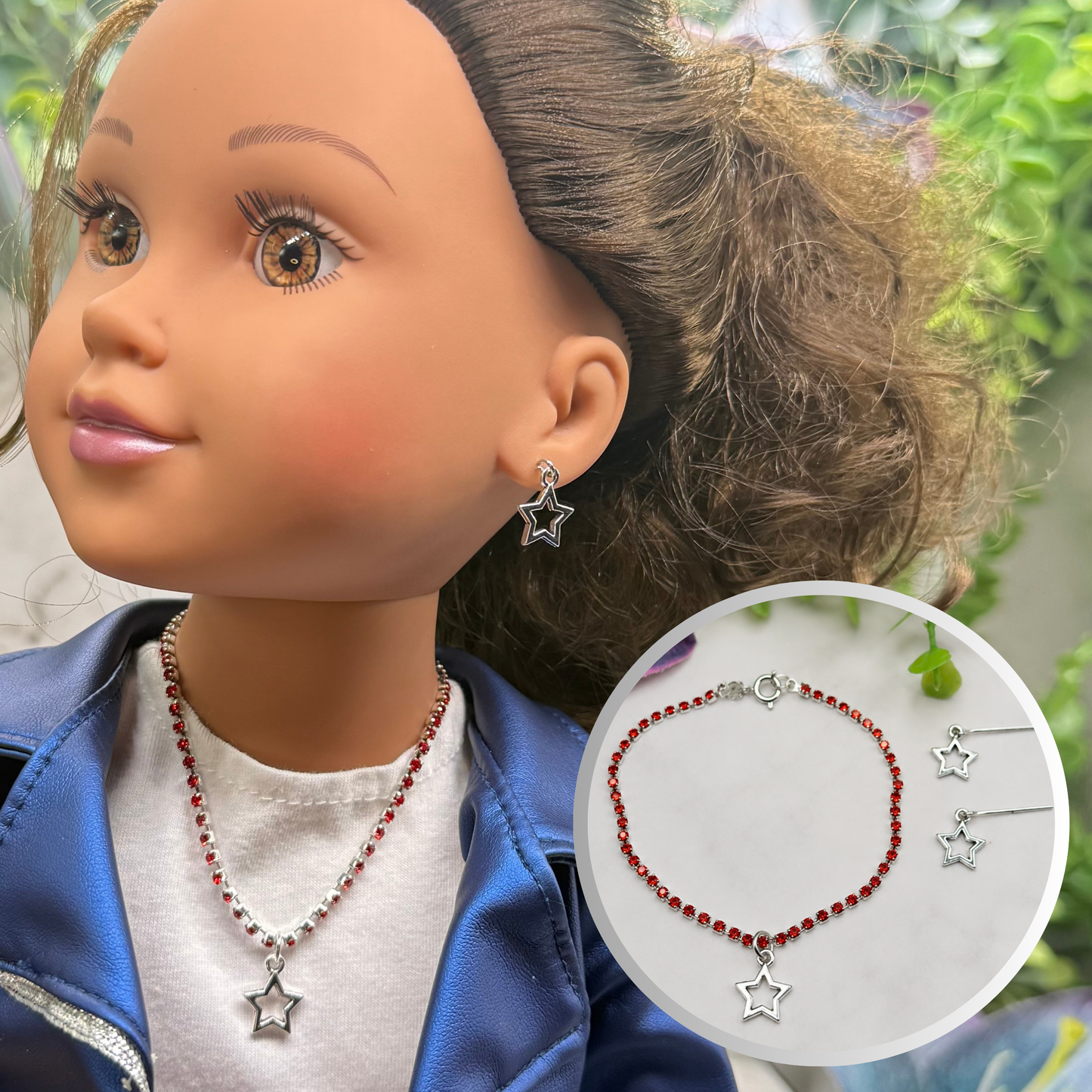 Red Rhinestone Silver Star Charm Doll Necklace & Earrings Set for 18 Inch Fashion Doll
