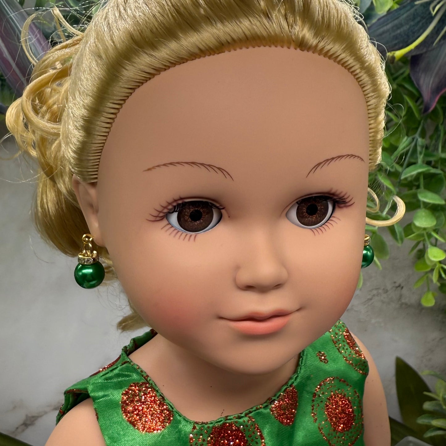 Green Christmas Ornament Charm Dangle Doll Earrings • 18 Inch Fashion Doll Jewelry