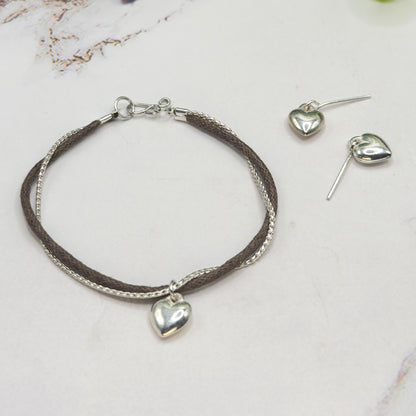 Dual Strand Brown Cord Silver Chain Heart Charm Doll Necklace & Earrings Set • 18 Inch Fashion Doll Jewelry