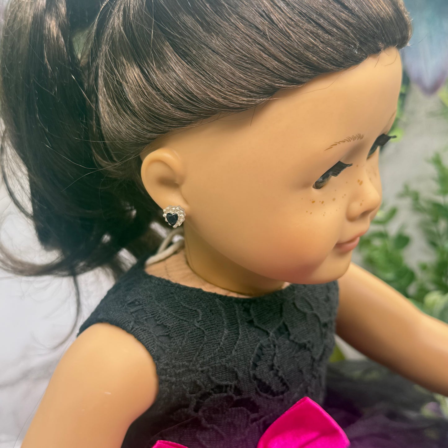 Sparkly Ruffled Black Center Heart Post Doll Earrings • 2mm Post for 18 Inch Fashion Doll